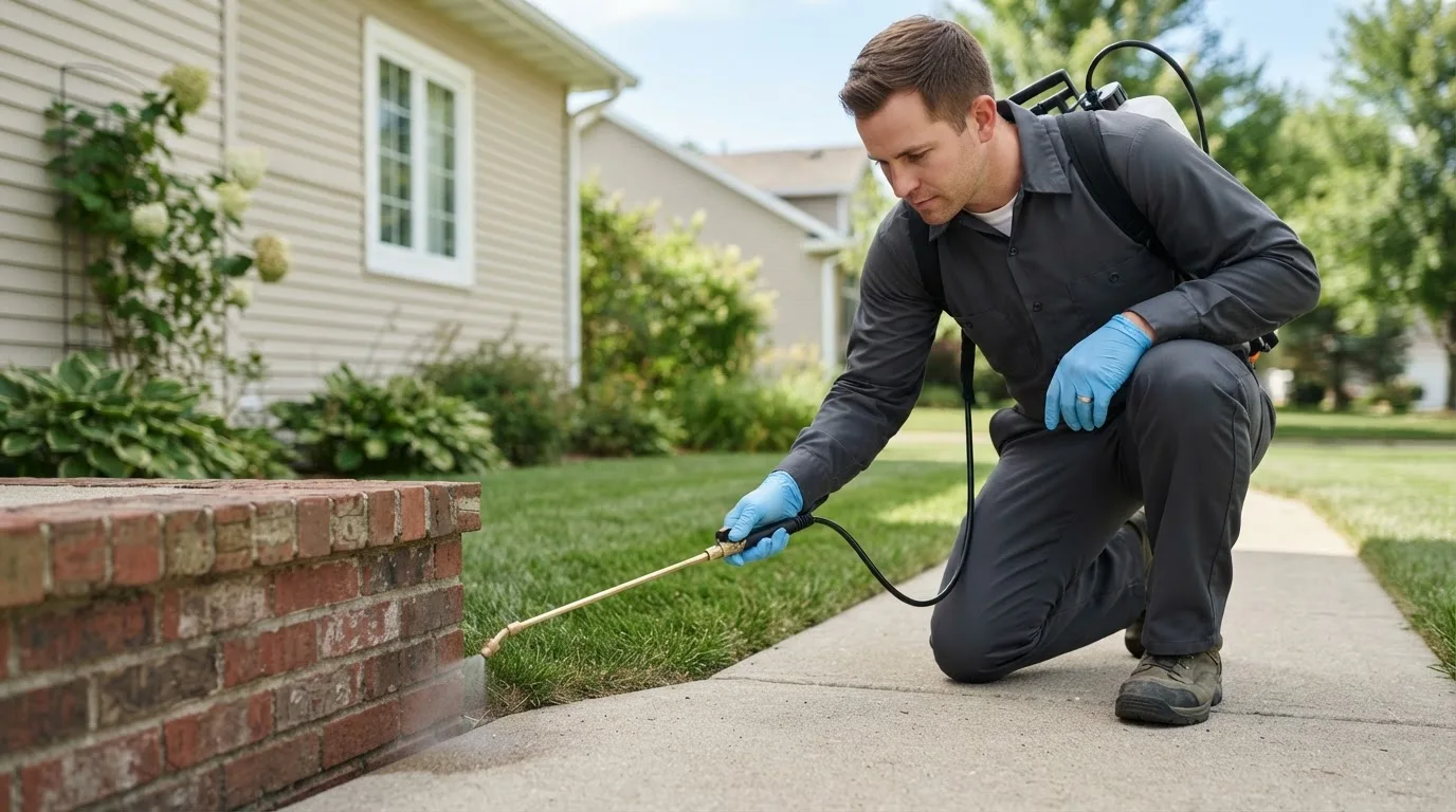 Pest control technician treating a home near Lyerly, GA